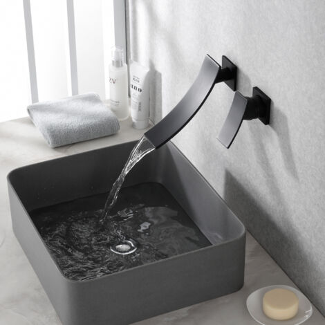 SUMERAIN Mitigeur de Lavabo Mural noir, Robinet Salle Bain en cascade avec deux trous