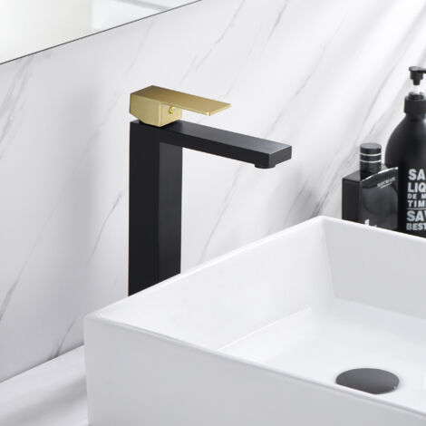 SUMERAIN Mitigeur de lavabo Noir Mat & Or Brossé à Haut Bec, Robinet de Lavabo monotrou à poignée unique