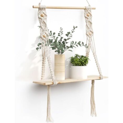 SUMGAR Etagere Murale Bois Macramé Boheme Design Etagere Suspendue Corde Flottante de Plantes Interieur Exterieur Rangement Decoration pour Salle de Bain Cuisine Chambre Bureau Salon
