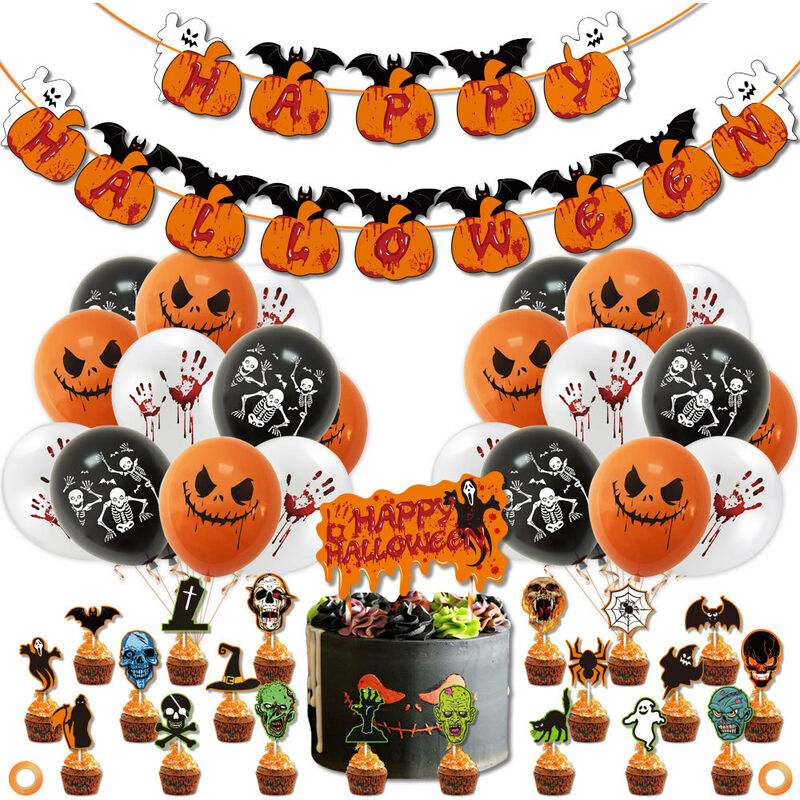 

Suministros festivos para fiestas, juego de globos de tarjeta de pastel con bandera de caramelo de calabaza y calavera fantasma, decoraciones de