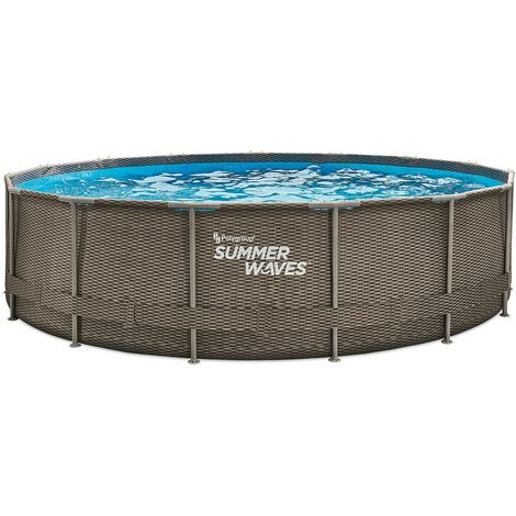 Summer Waves – Piscine tubulaire ronde effet rotin 4,57 m – Hauteur 1,06 m – Volume 15 m³ – Débit filtration 3,8 m³/h – Montage rapide 60 min