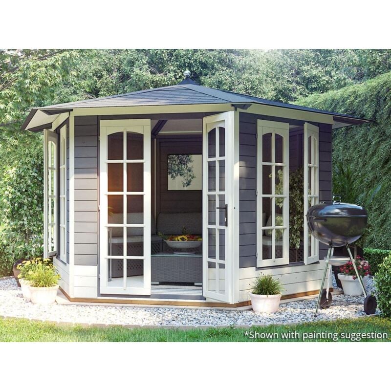 Dunster House Wooden Summerhouse 3.5 x 3 metres Hexagonal Garden Shelter Sun Room Vantage 350