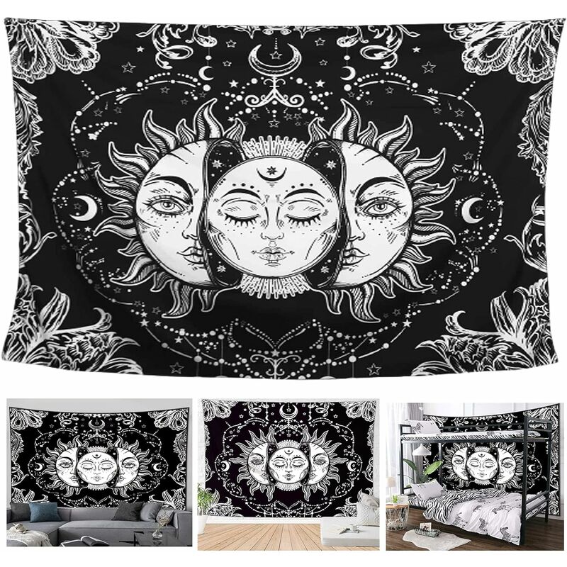 Sun And Moon Wall Tapestry Wallpaper, Black Psychedelic Mandala Wall Hanging Indian Bohemian Hippie (Large-59 X 78.7 In)