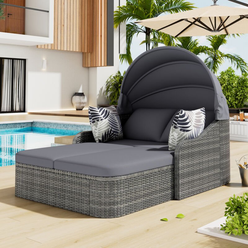 Ensemble de salon de jardin en rotin PE avec auvent réglable, chaise longue double avec 4 coussins et housse de coussin amovible, gris