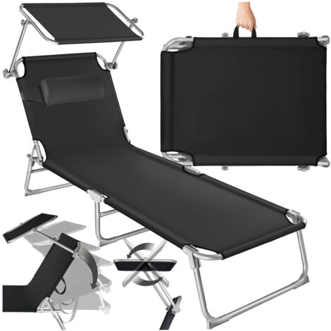 Sun Lounger - foldable, adjustable sunroof, 4-step backrest, head cushion - Sun lounger, Garden lounger, Lounger - black