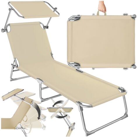 Sun Lounger - foldable, adjustable sunshade and 4-step backrest - reclining sun lounger, sun chair, foldable sun lounger - beige
