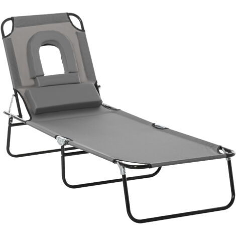 Sun Lounger Foldable Reclining Chair with Pillow and Reading Hole Garden Beach Outdoor Recliner Adjustable Grey UK