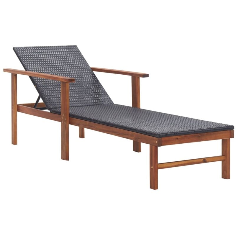 Sun Lounger Poly Rattan and Solid Acacia Wood Black Vidaxl