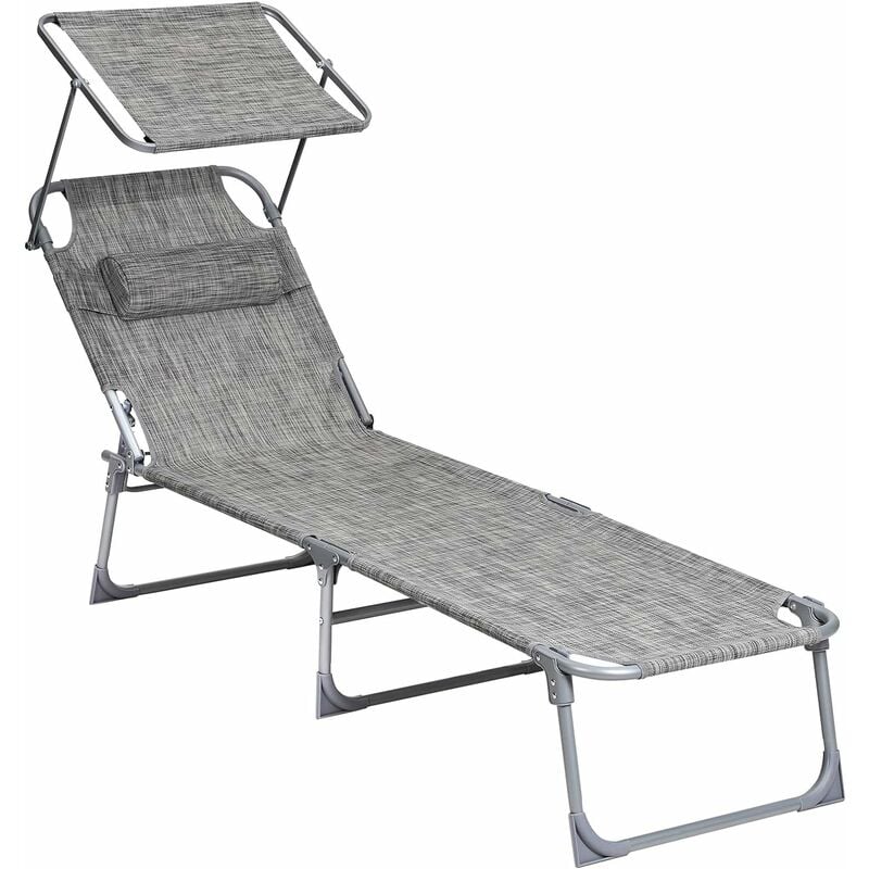 Sun Lounger, Sunbed, Reclining Sun Chair, with Headrest, Adjustable Backrest, Sunshade, Lightweight, Foldable, 53 x 193 x 29.5 cm, Load Capacity 150