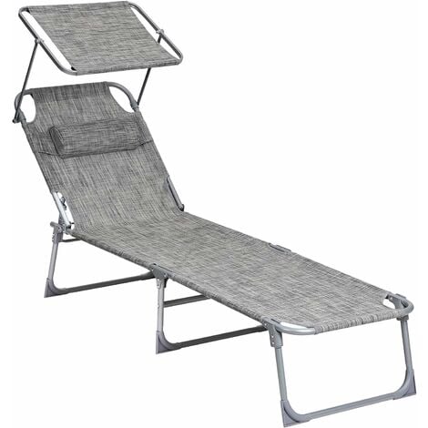 Sun Lounger, Sunbed, Reclining Sun Chair, with Headrest, Adjustable Backrest, Sunshade, Lightweight, Foldable, 53 x 193 x 29.5 cm, Load Capacity 150 kg, for Garden, Black GCB192B01 - Black