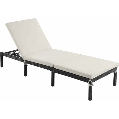 Sun Lounger, Sunbed with 5 cm Thick Mattress, Rattan-Like Surface, Reclining Backrest, 198 x 59 x 28 cm, Load Capacity 150 kg, for Garden, Terrace, Beige and Black GCB027M01 - Beige and Black