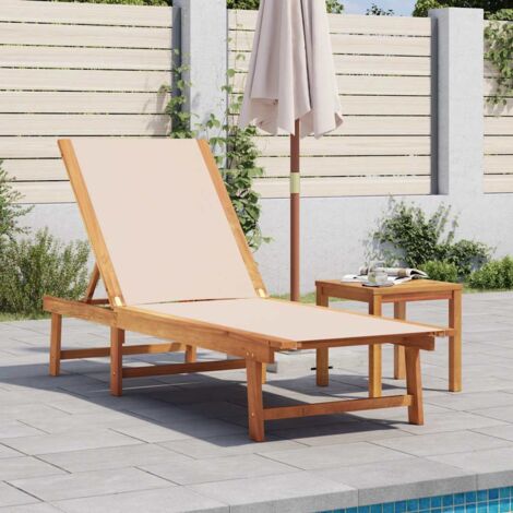 Sun Lounger with Table Cream Solid Wood Acacia and Textilene vidaXL