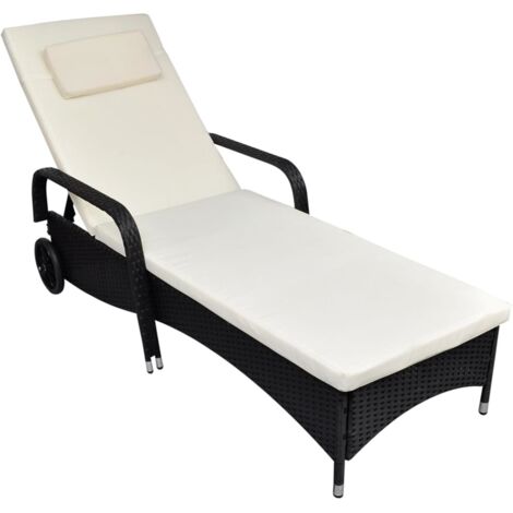 Sun Lounger with Wheels Poly Rattan Black