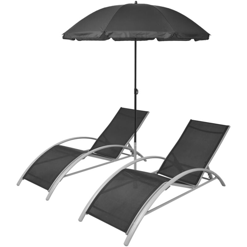 Sun Loungers with Umbrella Aluminium Black