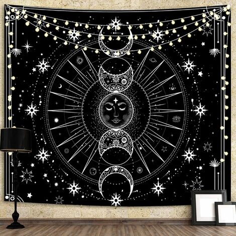 Sun Moon Tapestry Wall Hanging Sun with Stars Space Black and White Psychedelic Wall Tapestry for Bedroom, Living Room, Dorm Home Wall Decor (51.2" L x 59.1" W/ 130 x 150 cm)