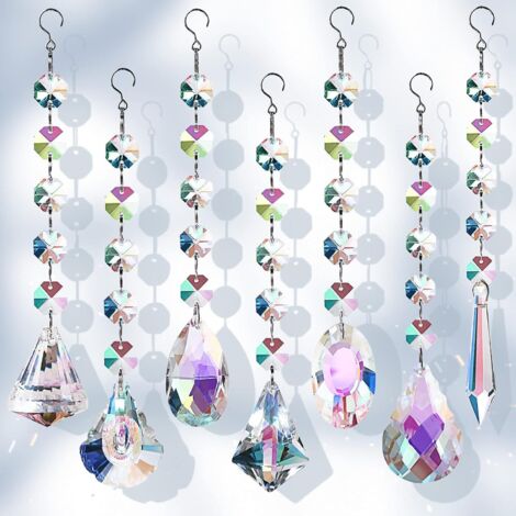 Suncatcher - Cristal Pendante - 7 Pièces - Chaîne À Cristaux Octogonaux - Pour Fenêtre Porte Balcon Arbre De Noël Suspension Décorative