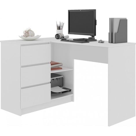 Sundar Bureau Informatique D Angle Moderne 124x85x77 3 Tiroirs 2 Grandes Niches Table Ordinateur Multi Rangements Blanc Blanc Ako B 16 Clp Narozne Biale Lewe