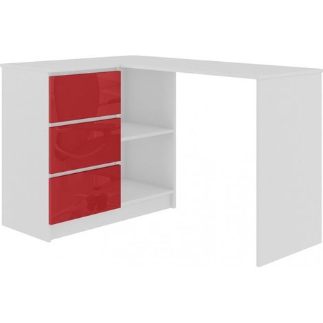 SUNDAR - Bureau informatique d'angle moderne 124x85x77 - 3 tiroirs + 2 grandes niches - Table ordinateur multi-rangements - Rouge
