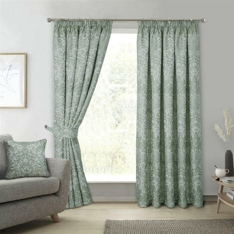 Sundour Floral Keswick Pencil Pleat Curtain Pair Sage Green 90x90"