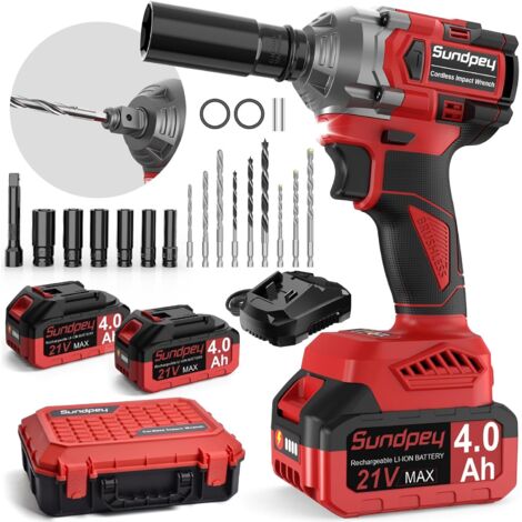 Sundpey Cle a Choc Sans Fil Brushless 650Nm, 21V Boulonneuse à Choc 2 en 1 avec 2x 4.0 Ah Batteries avec 6 Douilles & 9 Forets & Chargeur & Tige D'extension pour la Voiture et la Maison