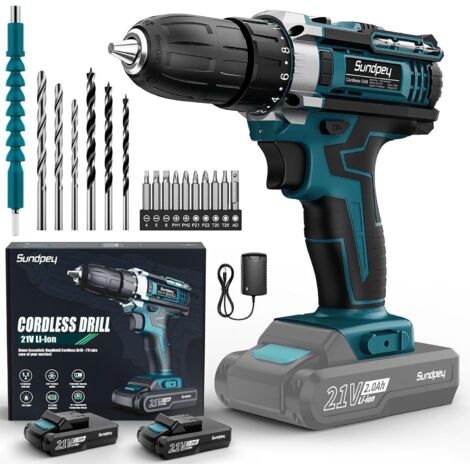 Sundpey Perceuse Visseuse Sans Fil 21V - Visseuse Devisseuse Sans Fil avec 2 Batteries, 45Nm Max, 2 Vitesses, 18+1 RéGlages De Couple, 21 Accessoires, pour Les Projets De Bricolage à La Maison, Bleu