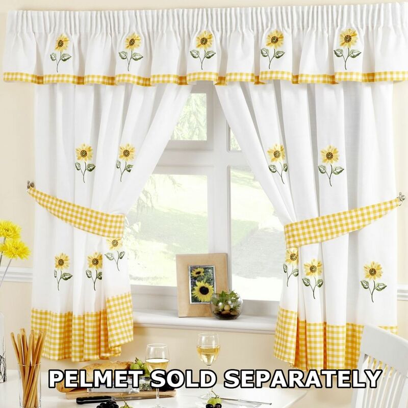 Sunflower Pencil Pleat Headed Kitchen Curtains and Tiebacks, Yellow/White, 46 x 42-Inch