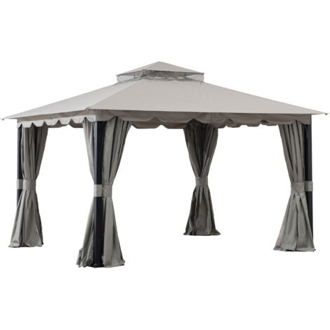 Sunjoy – Tonnelle en tissu gris 336cm x 402cm – Cadre en acier résistant aux intempéries – Rideaux intégrés pour intimité – Installation rapide