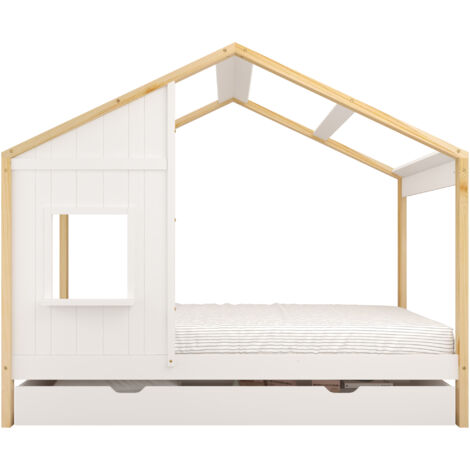 Sunny Beau Lit Cabane Avec Tiroir De Rangement, En Bois, Marron/Blanc  Au Sol Pour Enfants, Montessori - Sans Matelas - 208 X 97 X 171 Cm  Pour Matelas : 90 X 200 Cm