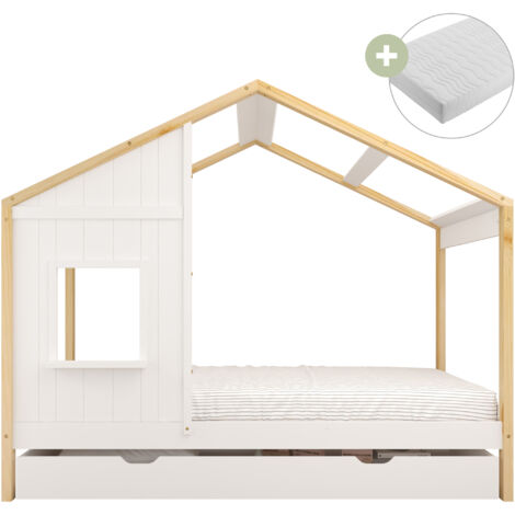 Sunny Beau Lit Cabane Avec Tiroir De Rangement, En Bois, Marron/Blanc  Pour Enfants - Matelas Hybride 90X200 Inclus - Montessori  Dimensions Totales: 208 X 97 X 171 Cm