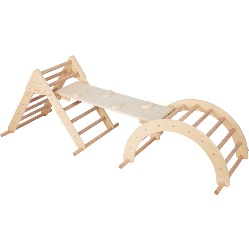 Charlie 3-en-1 structure d'escalade en bois naturel Triangle d'escalade / Arc d'escalade / Mur d'escalade Jouets Montessori pour jeunes enfants
