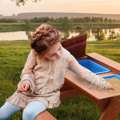 Sunny Dave Table Sable Et Eau / Pique Nique En Bois  Avec Couvercle & Boîtes De Rangement  Jeu Enfant À Eau Pour Le Jardin