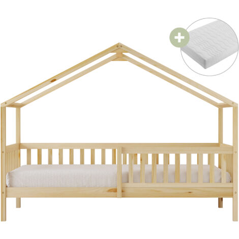 Sunny Kae Lit Cabane Avec Barrière De Sécurité, En Bois, Beige  Au Sol - Matelas Hybride 90 X 200 Inclus - Montessori  Dimensions Totales: 207 X 96 X 156,5 Cm