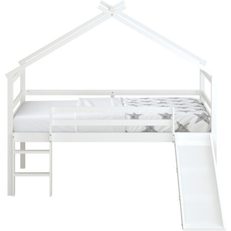 Sunny River Lit Cabane Avec Toboggan En Bois, Blanc  Lit Pour Enfant Mi-Haut , Lit Montessori - Sans Matelas - 213 X 186 X 183 Cm  Pour Matelas : 90 X 200 Cm