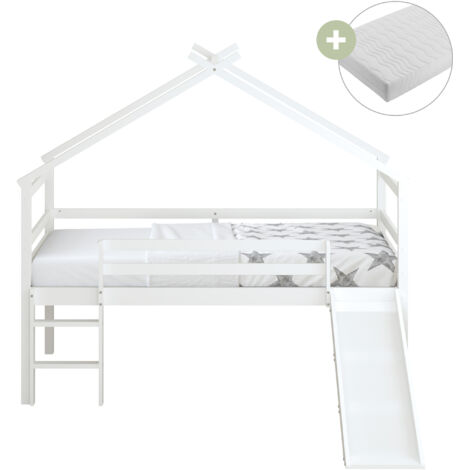 Sunny River Lit Cabane Avec Toboggan, En Bois, Blanc  Lit Pour Enfant Mi-Haut - Matelas Hybride 90X200 Inclus - Lit Montessori  Dimensions Totales: 213 X 186 X 183 Cm (Toboggan Compris)