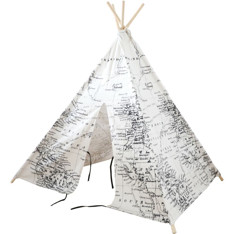 Tente Tipi pour Enfants avec carte du monde en noir et blanc | Tente de Jeu pour l'intérieur / chambre | 120x120 cm - Noir - Sunny