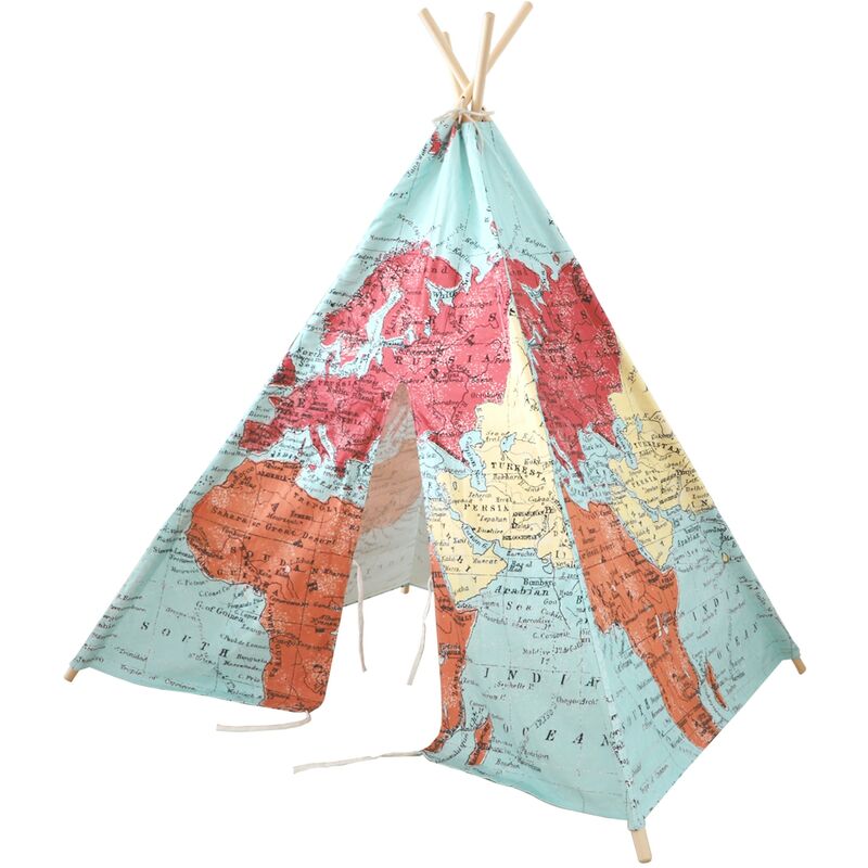Tente Tipi pour Enfants avec carte du monde en couleur | Tente de Jeu pour l'intérieur / chambre | 120x120 cm - Multicolore - Sunny