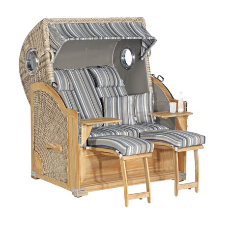 SunnySmart Garten-Strandkorb Rustikal 500 PLUS TEAK COMFORT 3/4-Liegemodell 2-Sitzer XL antikweiß/gr