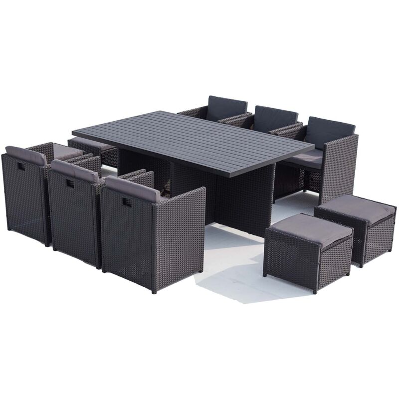 

Sunset 10: Conjunto de jardín encastrable de 10 plazas de resina trenzada y aluminio negro/gris - Negro/Gris
