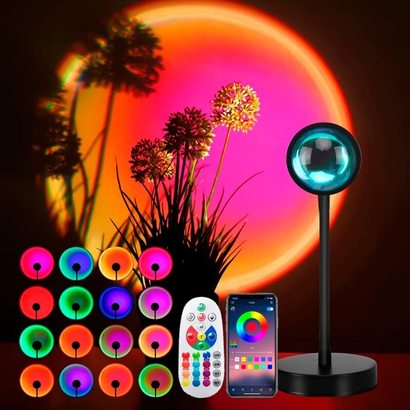 Sunset Lamp avec APP Contrôle Intelligent,Modes 16 Couleurs lampe coucher de soleil,Synchronisation Musique Couleurs Sunset Projection Lamp,Lampe