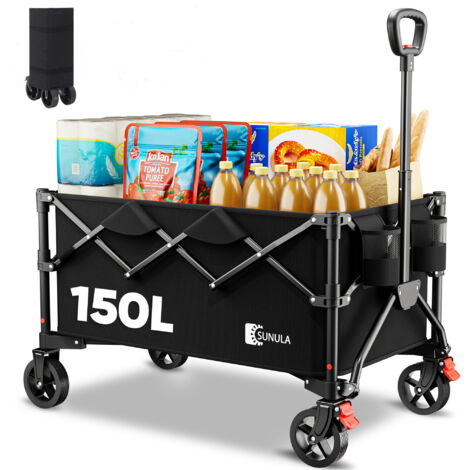 SUNULA Chariot pliable tout-terrain 150 L – charge 120 kg – poignée 1‑clic – Noir