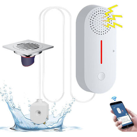 Sunxury – 100-dB-WLAN-Wassermelder – Einstellbarer Alarm – Push-Benachrichtigungen auf Smartphones – Bodenablauf für 40/50/75-cm-Rohre – WASSER 100 dB