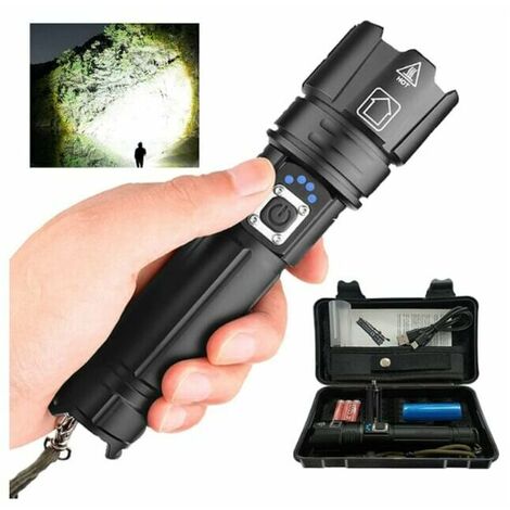 Super Bright P70 LED Torches 30000-100000 Lumens, XHP70.2 Rechargeable LED Torch, Tactical Flashlight with Holster, IP67 Waterproof Powerful Flashlight (Black)，