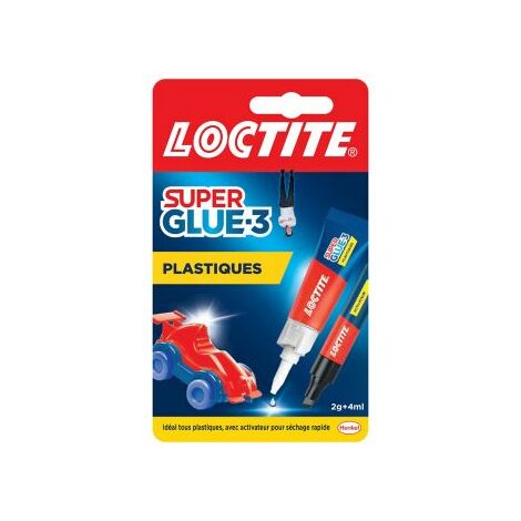 Loctite Super Glue-3 Spécial plastiques, colle forte pour tout plastique, colle transparente à séchage immédiat, tube de colle 2 g et stylo activateur 4 ml
