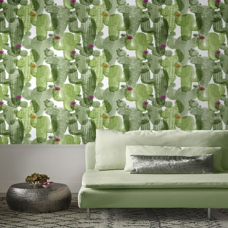 Superfresco Easy Green/White Cactus Floral Paste the Wall Wallpaper (Was £16) - Green
