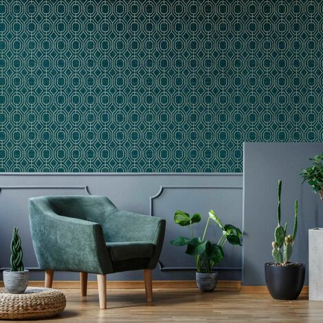 Onzself Retro Art Deco Wallpaper Rasch Geometric Textured Vinyl Green Blue  Red