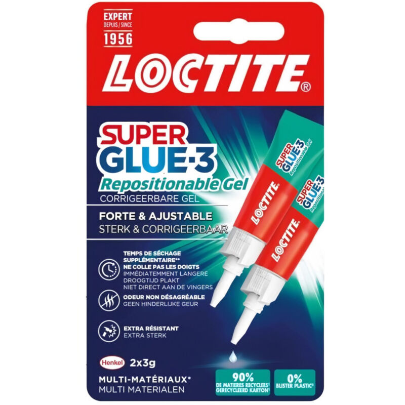 Colles Cyanoacrylates Loctite SUPERGLUE-3 - Repositionable - Gel 3g - Lot de 2 Blister - Carton 12uc