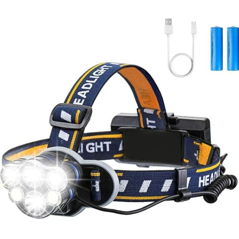 Superhelle Stirnlampe, wiederaufladbare LED-Taschenlampe, LED-Stirnlampe mit 6 LEDs, 12000 lm, 8 Beleuchtungsmodi mit USB-Kabel