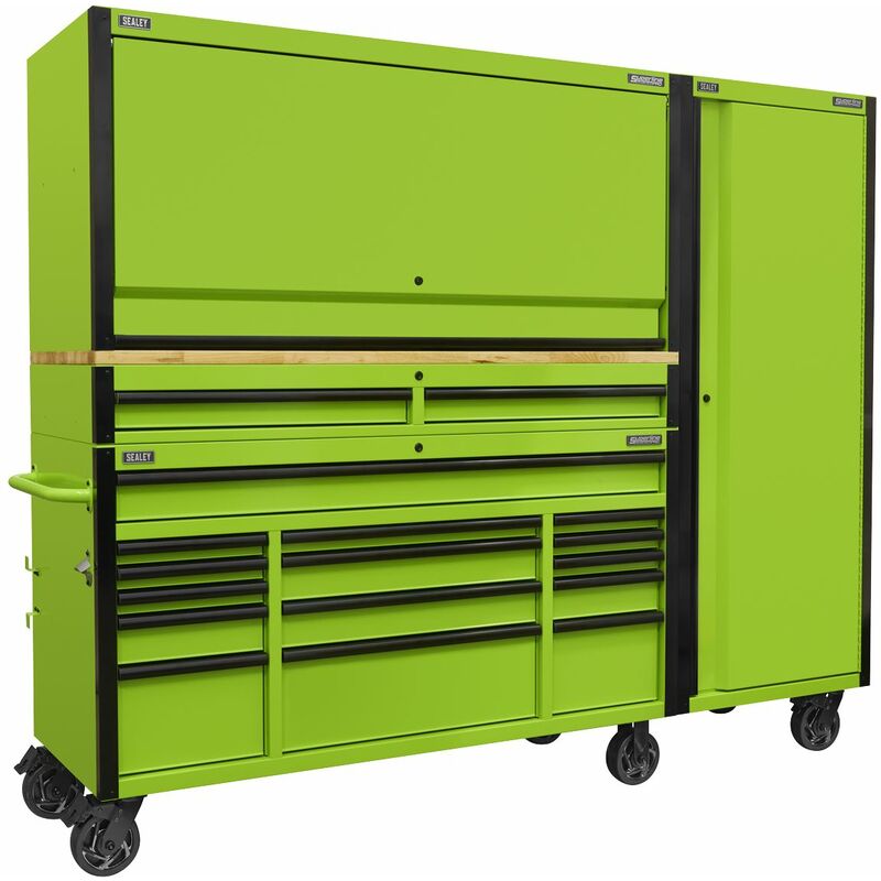 Sealey - 15 Drawer 1549mm Mobile Trolley with Wooden Worktop, Hutch, 2 Drawer Riser & Side Locker AP6115BECOMBO2