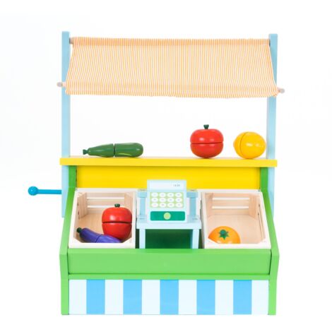 Supermarkt Spielzeug Montessori Robincool Vegetable Market 42x20x45,2 cm aus Öko-Holz Vordach, Registrierkasse und Zubehör