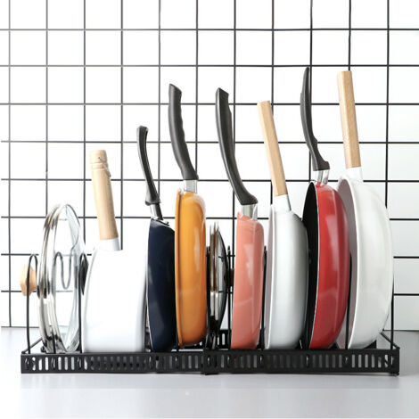 Support à casseroles extensible avec séparateurs et porte-couvercles, noir
